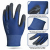 A pair of blue PU-coated work gloves shown with close-ups highlighting features like abrasion resistance and anti-slip grip.
