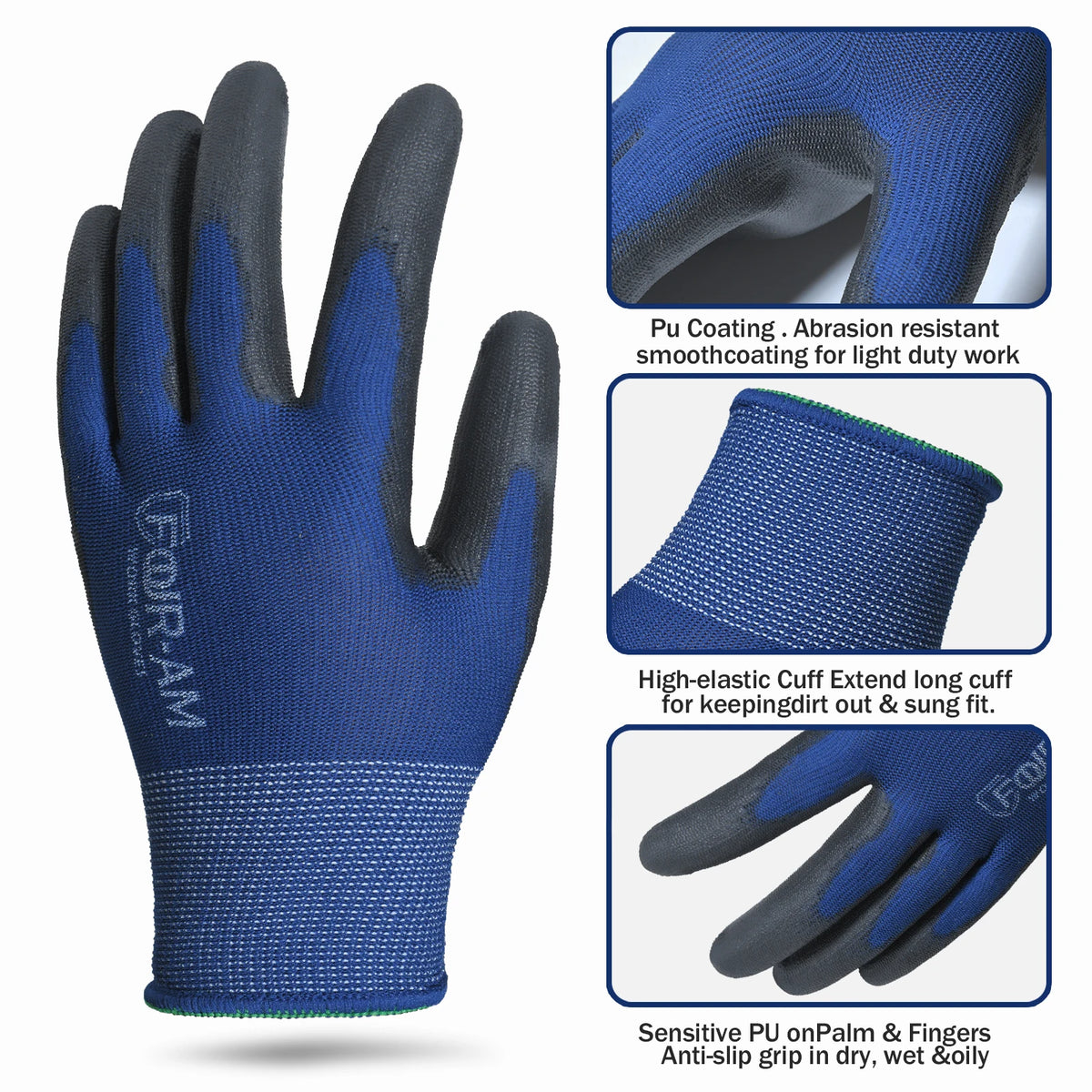 A pair of blue PU-coated work gloves shown with close-ups highlighting features like abrasion resistance and anti-slip grip.