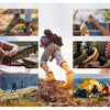 A collection of images showing the use of a 100 ft, 7-strand paracord rope for activities like shoelaces, clothesline, protec