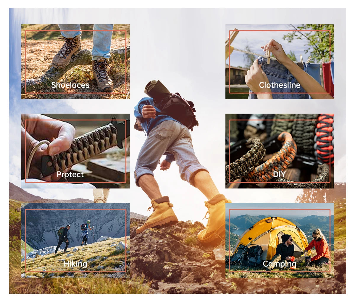 A collection of images showing the use of a 100 ft, 7-strand paracord rope for activities like shoelaces, clothesline, protec