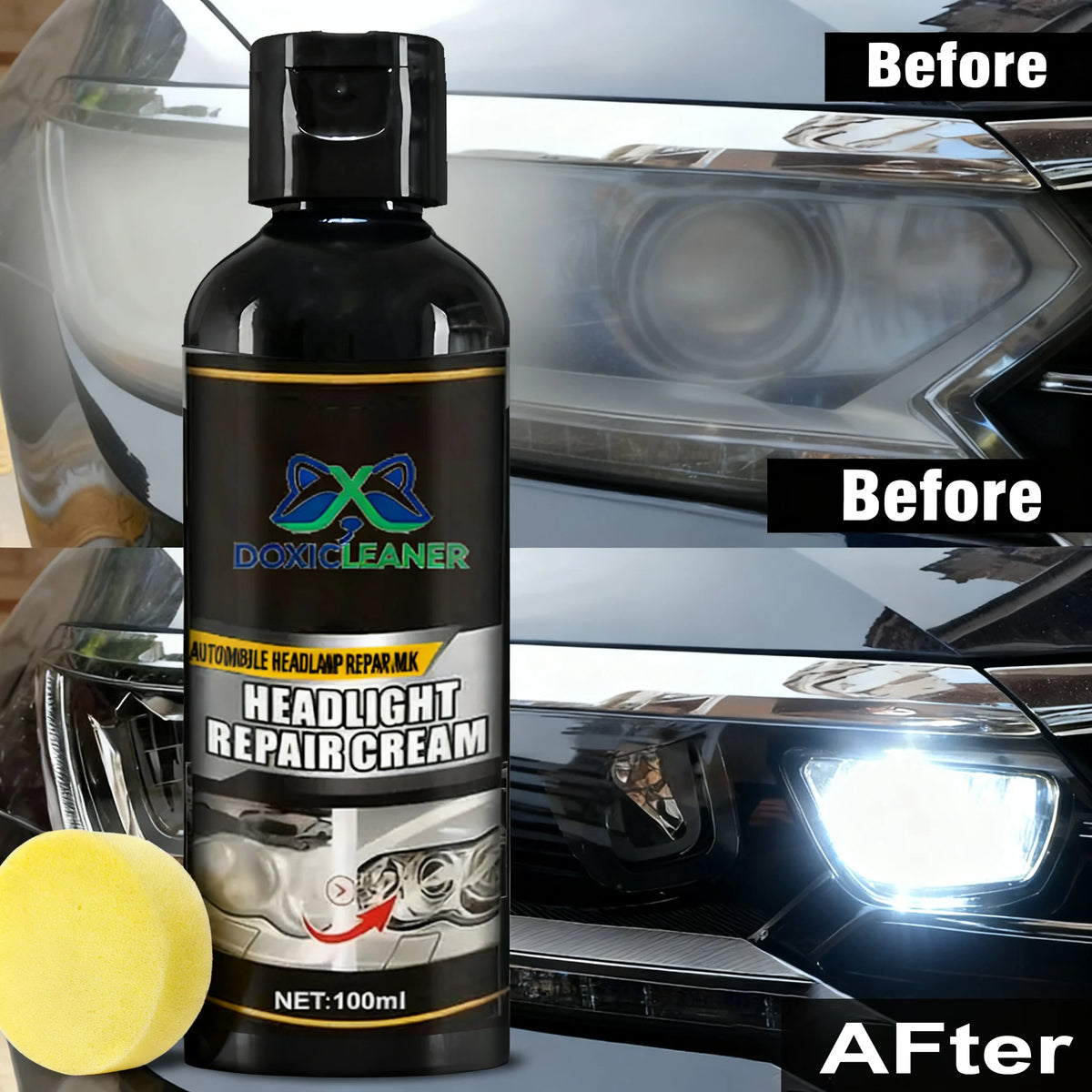 Before and after comparison of headlight repair cream on a car headlight lens.