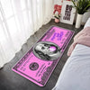 Pink banknote pattern anti-slip soft floor mat placed on a bedroom floor.