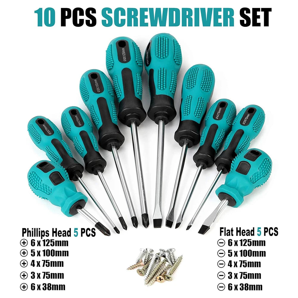 A set of ten magnetic screwdrivers in various sizes and tips displayed on a white background.