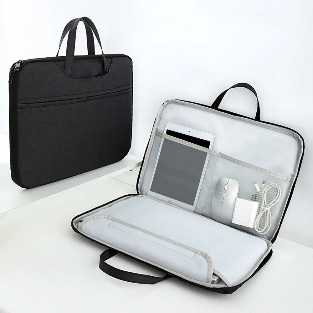 A black laptop sleeve case is shown open, revealing a padded interior and accessories like a mouse and charging cables.