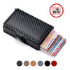 Black slim carbon fiber RFID blocking wallet with a stack of cards and an RFID logo icon.