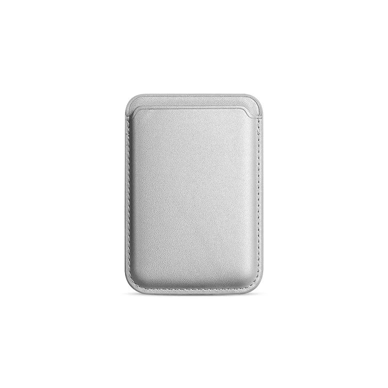 A gray premium leather wallet case designed for MagSafe compatibility.