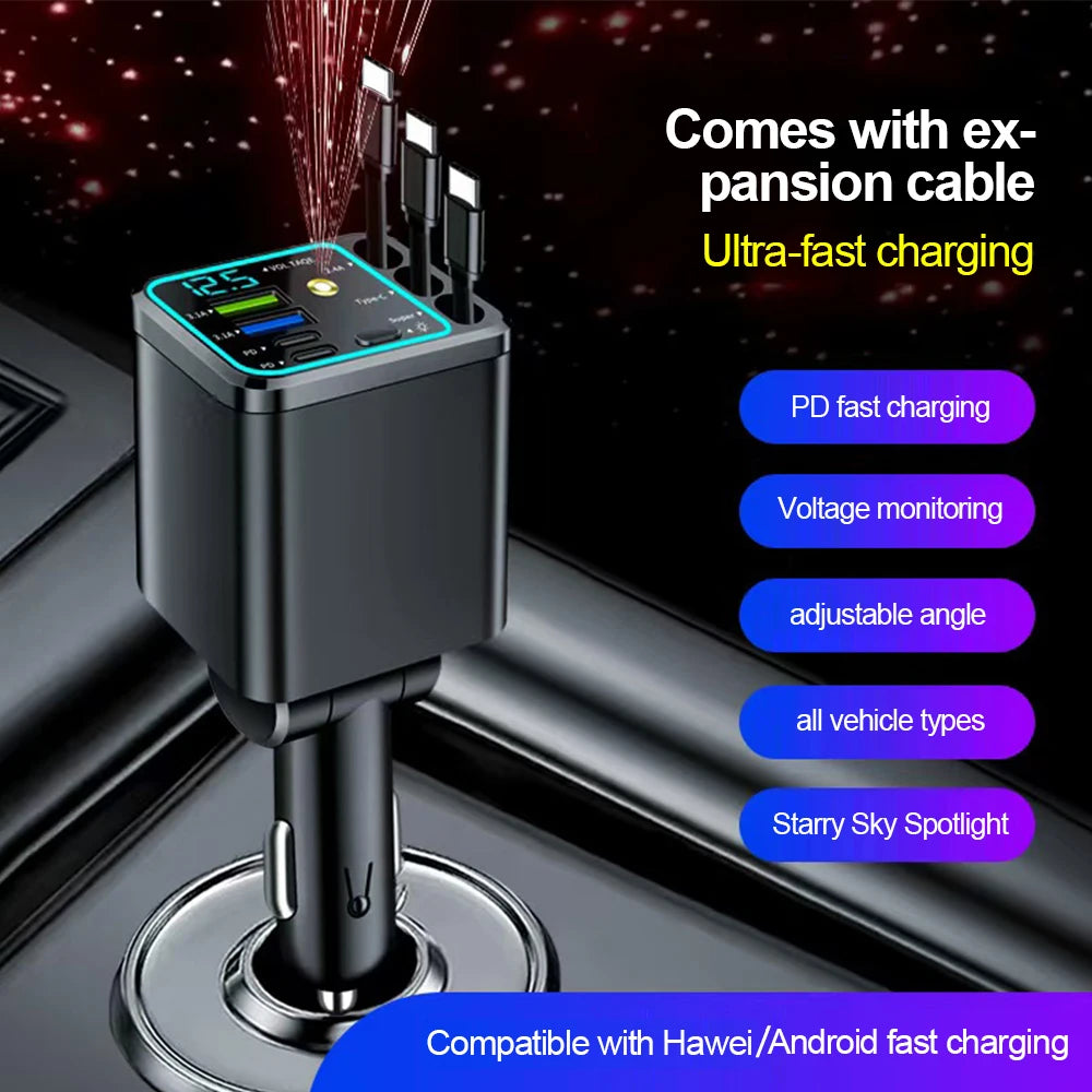 Black retractable car charger with digital display and expansion cable for ultra-fast charging