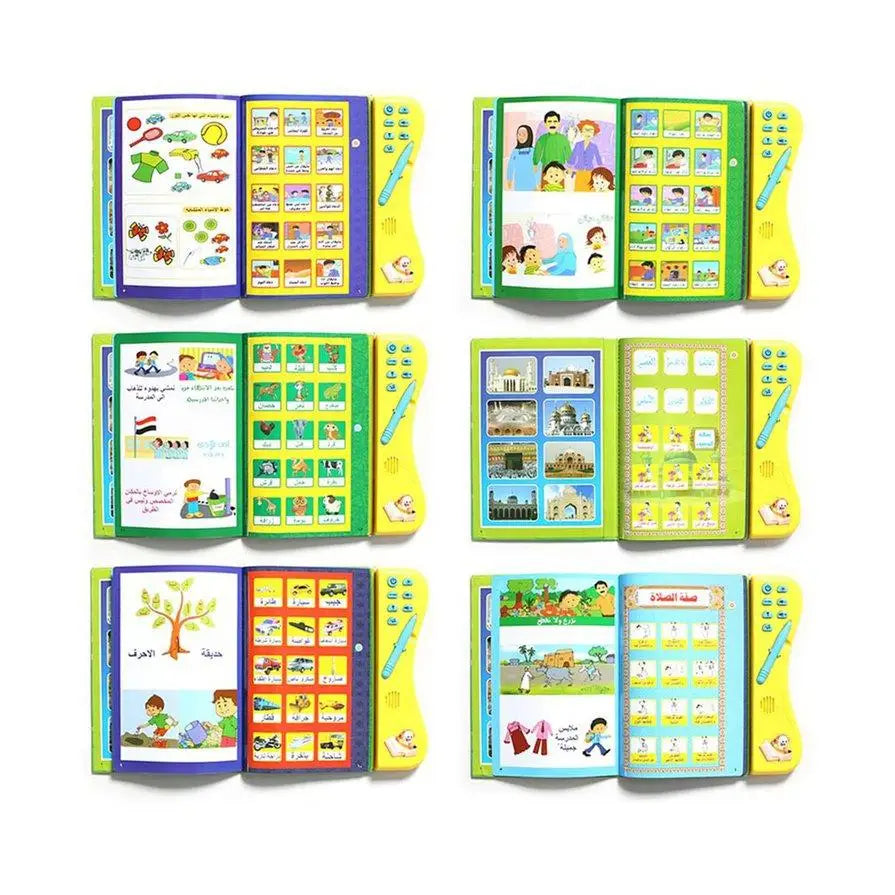 A set of yellow Arabic interactive e-book learning toys for children, featuring colorful pages and illustrations.