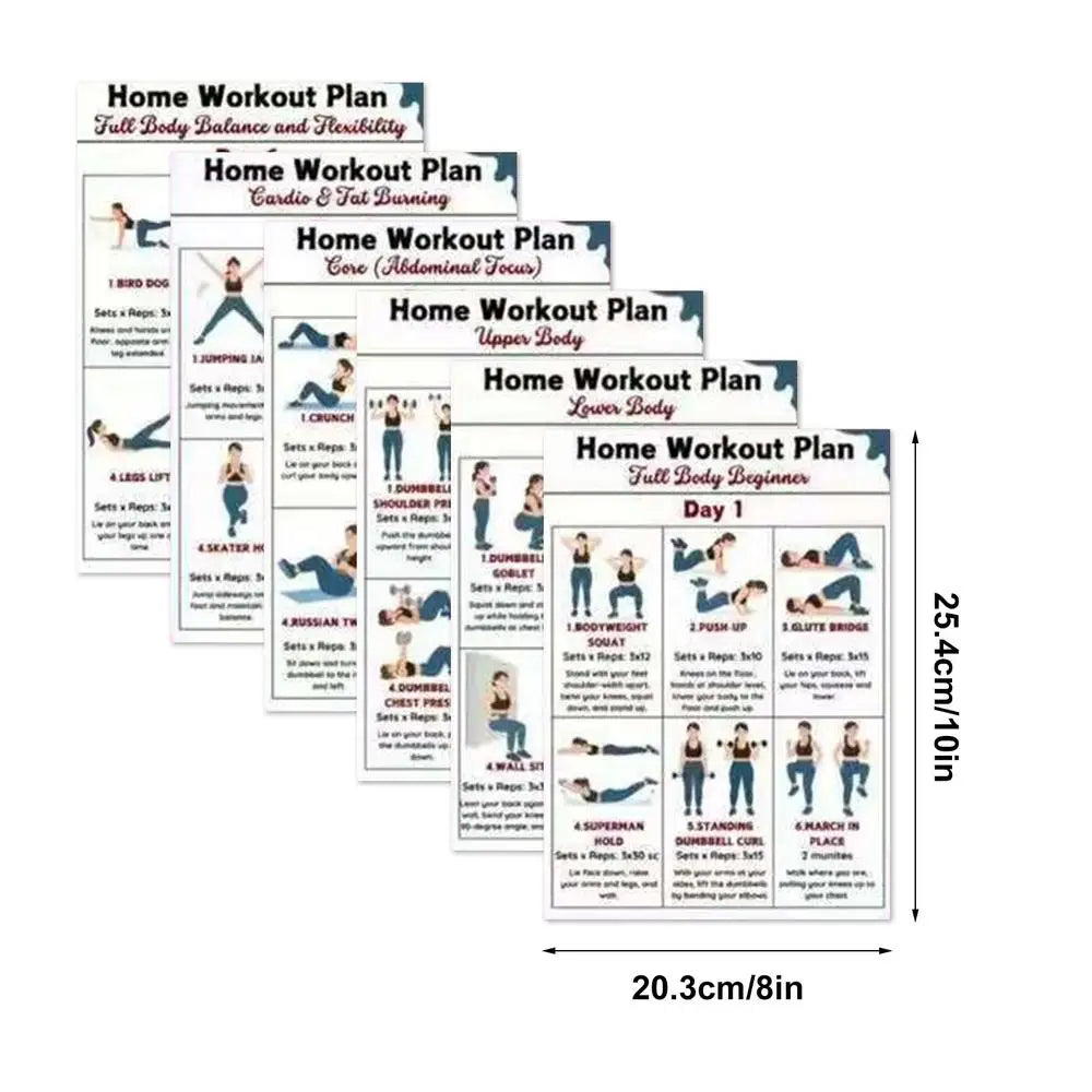 A collection of workout plan posters for home workouts including full body balance, cardio & fat burning, core, upper body, a