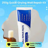 A tube of white quick-drying wall repair paste is shown next to a block of white calcium carbonate and a piece of sandpaper.