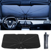 Black foldable car windshield sunshade umbrella shown open in a vehicle interior.