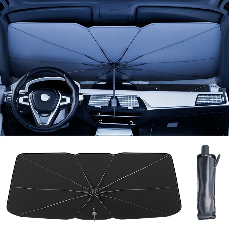 Black foldable car windshield sunshade umbrella shown open in a vehicle interior.