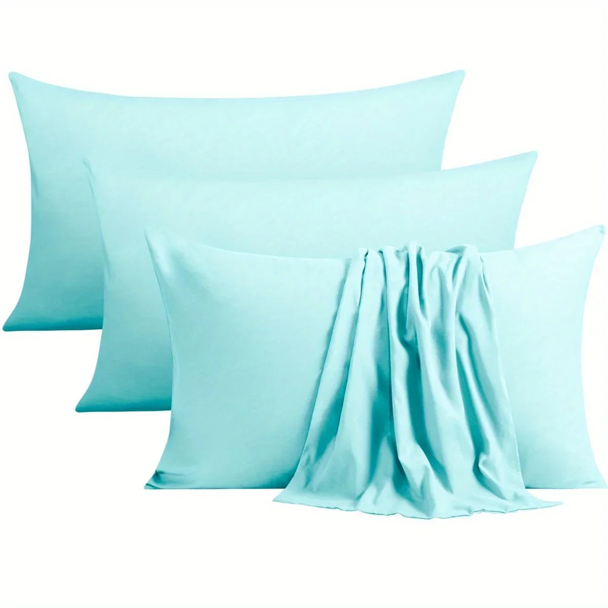 A set of four light aqua microfiber pillowcases with envelope closures stacked together.