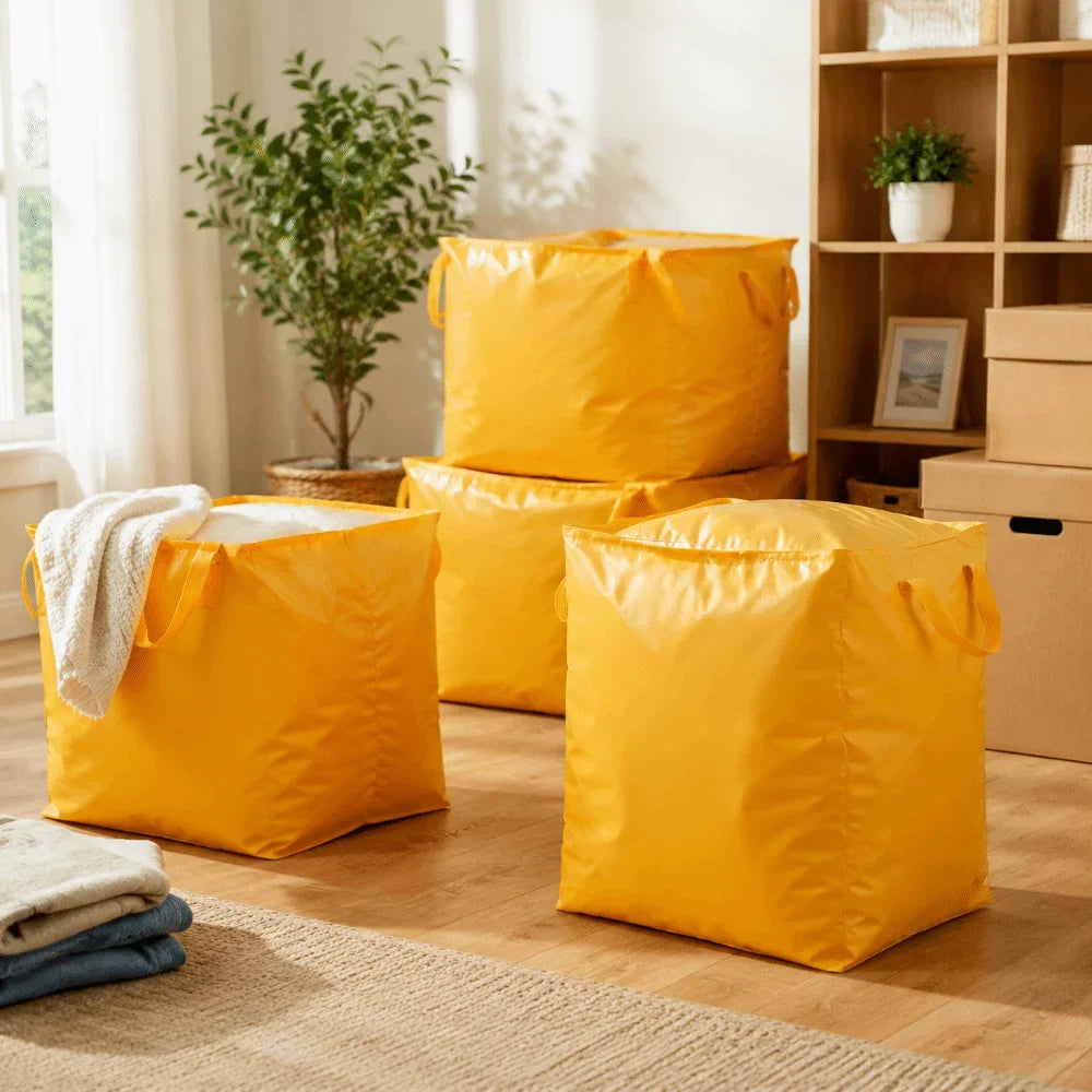 A stack of bright yellow waterproof moving and storage bags on a wooden floor next to a window.