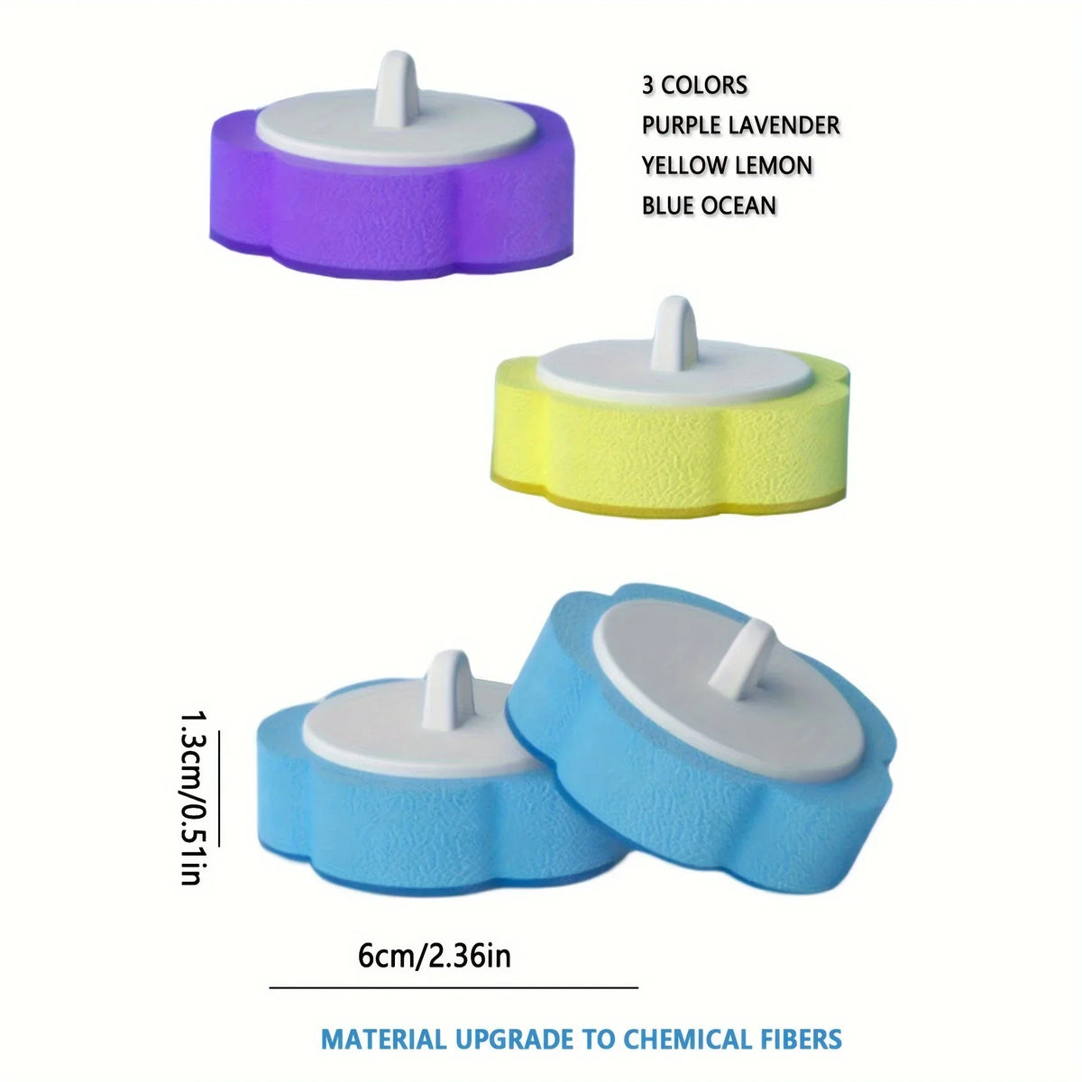 Disposable toilet brush set with replaceable heads in purple lavender, yellow lemon, and blue ocean colors.