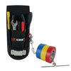 Black heavy-duty tool pouch with a belt clip and an attached tape measure holder.