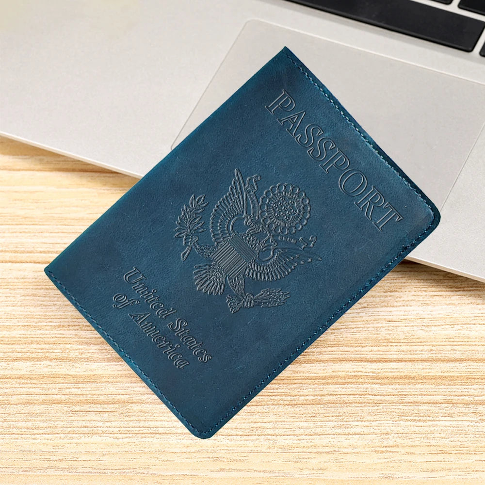 Genuine Leather Passport Holder with USA Flag Design