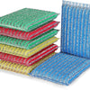 A stack of four double-sided kitchen scouring sponges in various shades of green, red, and yellow.