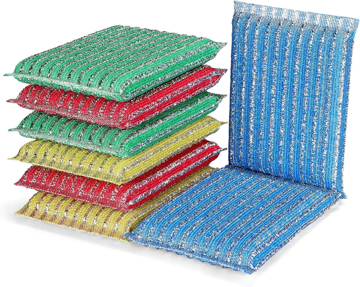 A stack of four double-sided kitchen scouring sponges in various shades of green, red, and yellow.