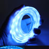 A hand holds a glowing blue flexible LED light strip, shown in various forms and colors.