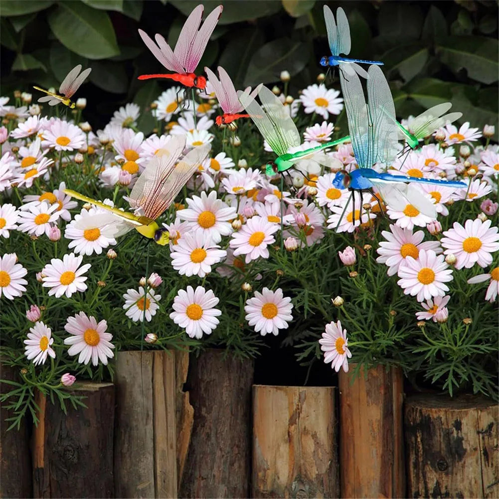 A lifelike dragonfly garden clip with an insect repellent design featuring colorful dragonflies among pink and white flowers.