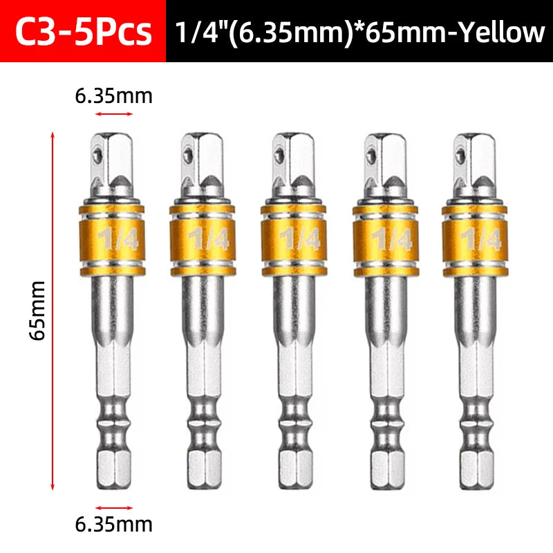 Hex Shank Socket Adapter Set for Power Drills (1/4, 3/8, 1/2 Inch)