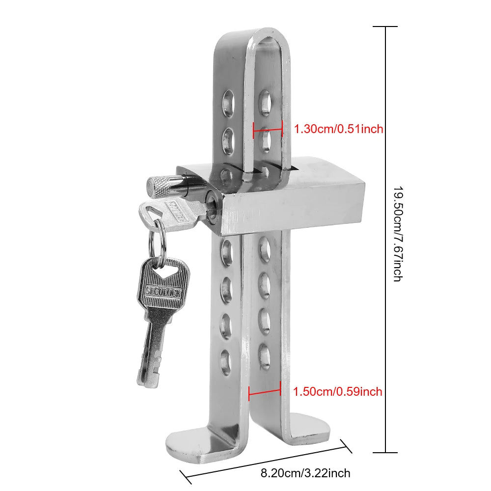 A silver universal steel pedal lock for car anti-theft protection showing its dimensions.