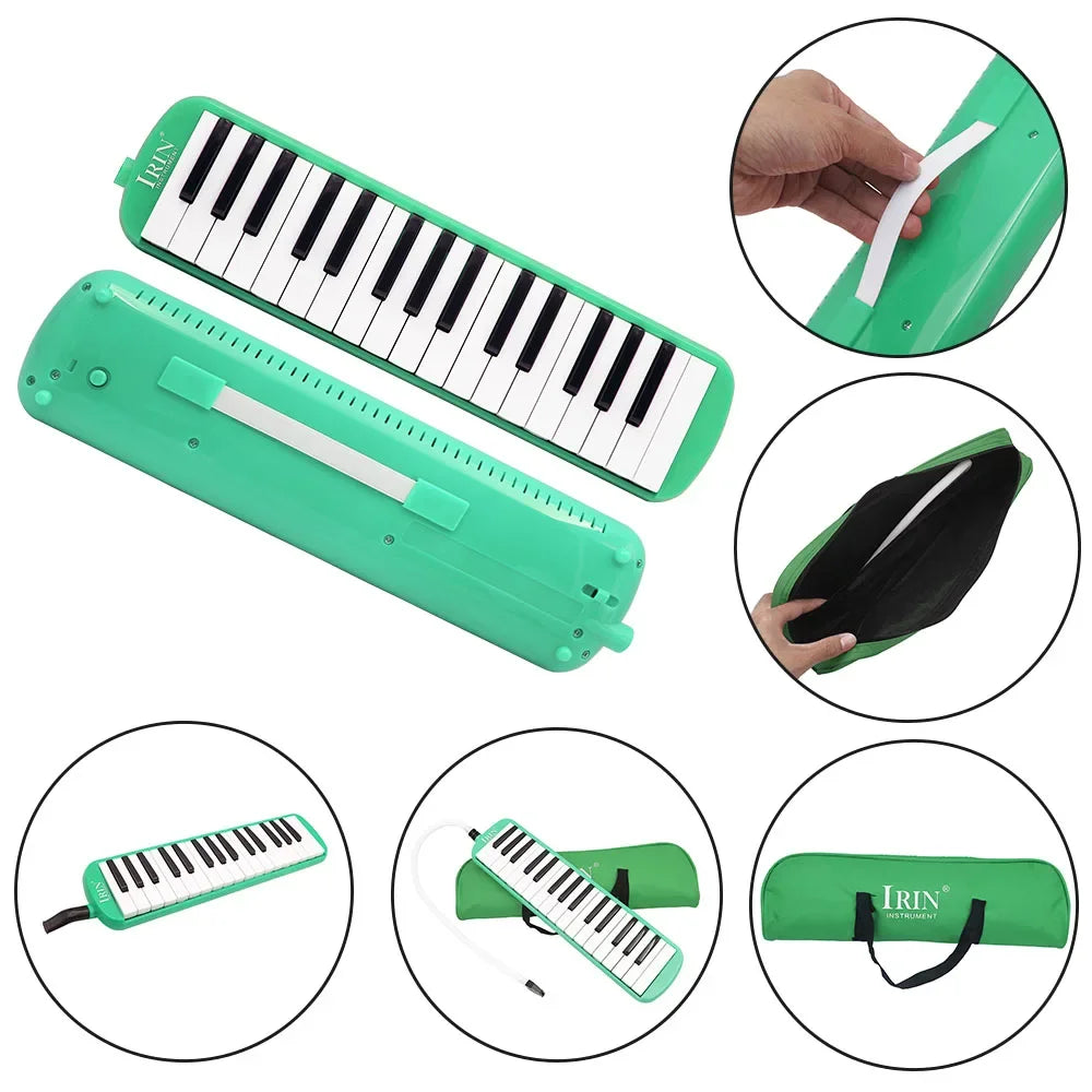 A green 32-key melodica instrument with a protective case and mouthpiece shown in various views.