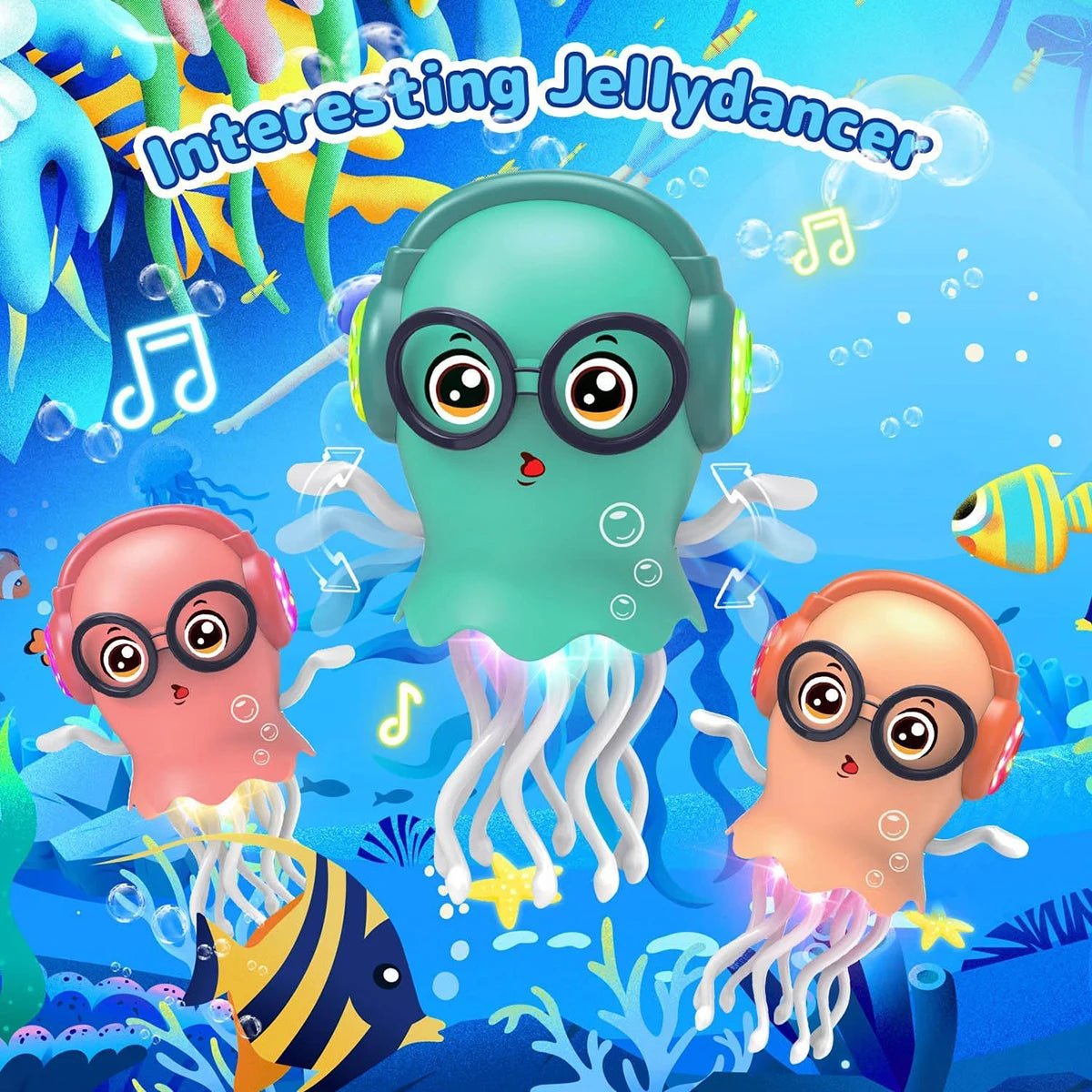 Three colorful jelly dancers with LED lights float in blue water against a bright background.