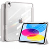 A silver slim tri-fold stand case for an iPad is shown next to an iPad with a stylus inside.