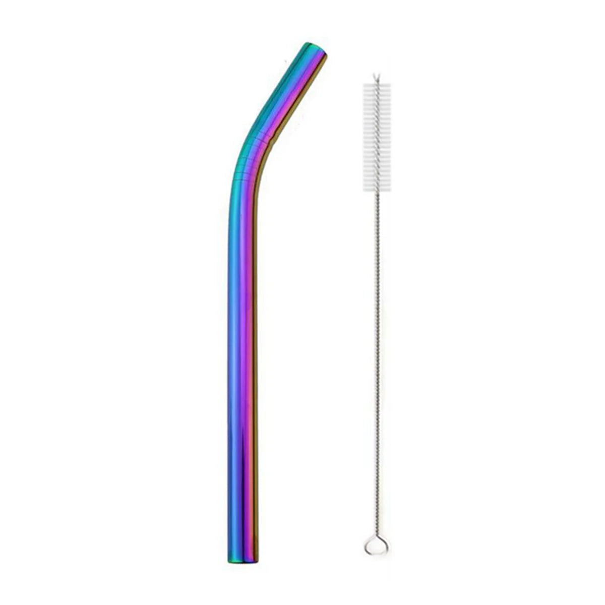 A reusable 304 stainless steel drinking straw with a cleaning brush featuring a multicolored gradient design.