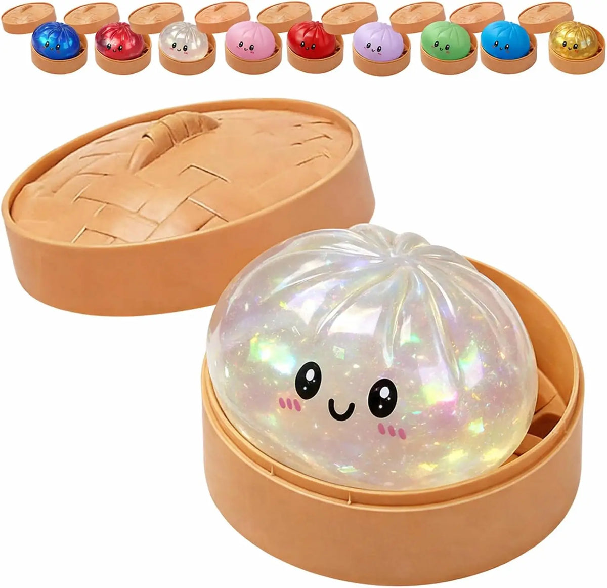 A set of colorful glitter dumpling squishy toys in various colors displayed in a cardboard tray.