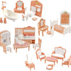A set of dollhouse furniture including a vanity, toilet, mirror, cabinet, and various wooden pieces for pretend play.
