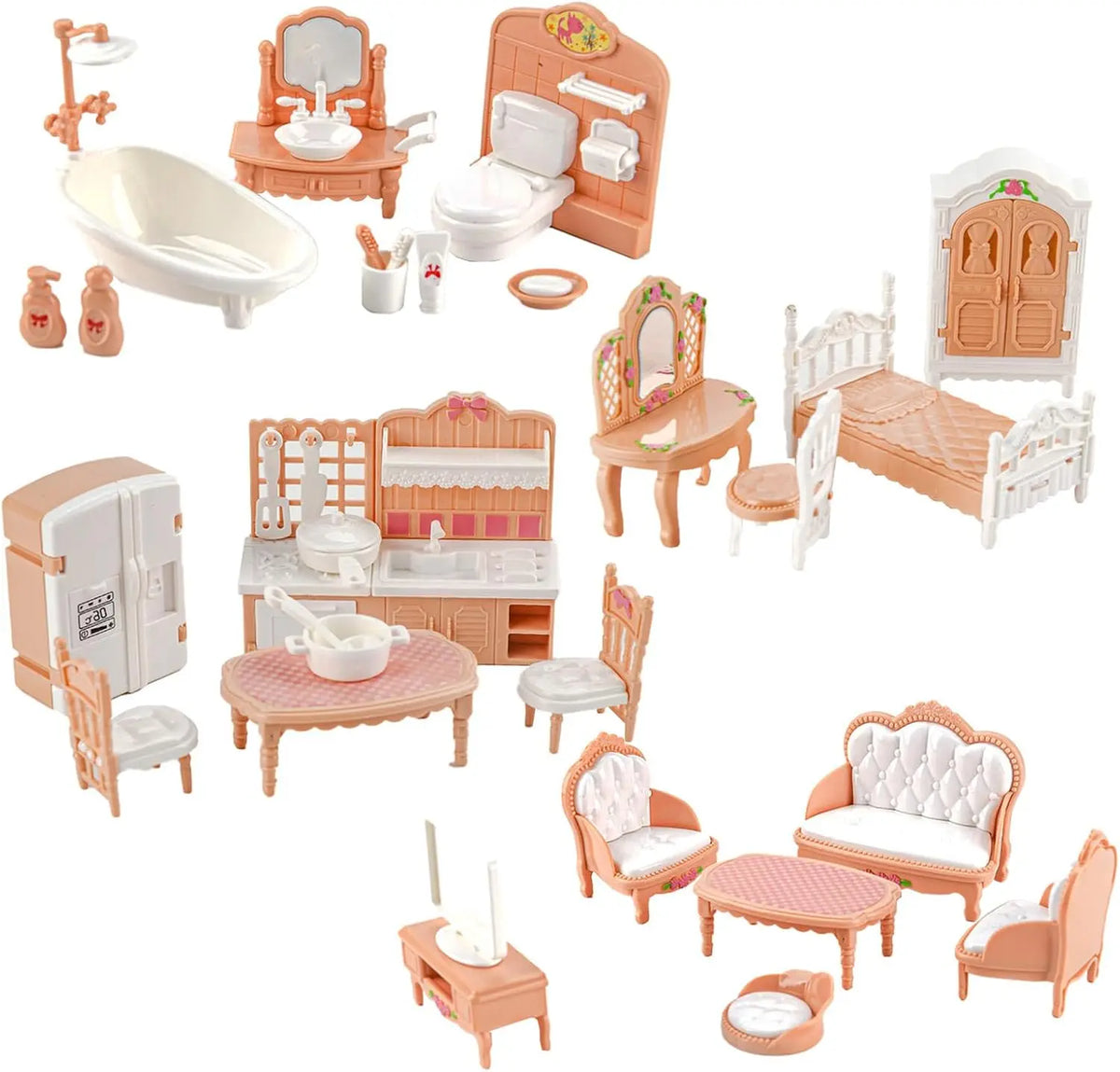 A set of dollhouse furniture including a vanity, toilet, mirror, cabinet, and various wooden pieces for pretend play.