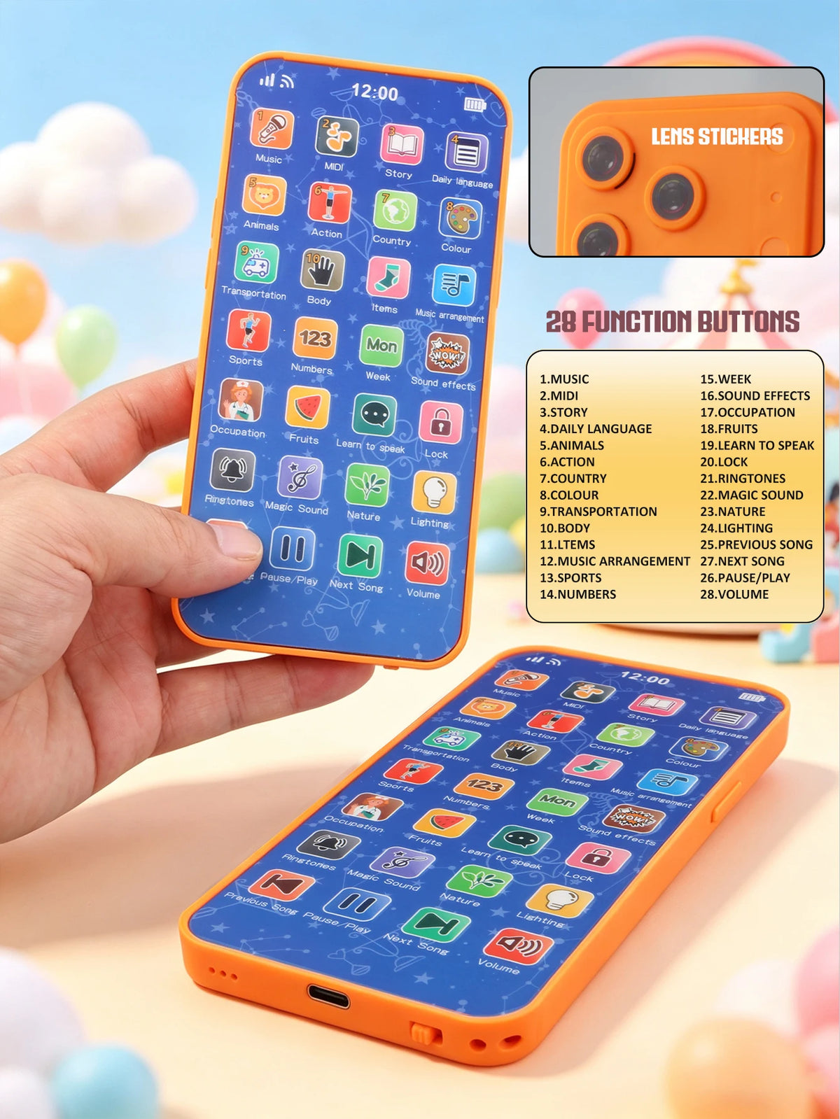 An orange kids smartphone learning toy displaying various icons and buttons for educational functions.