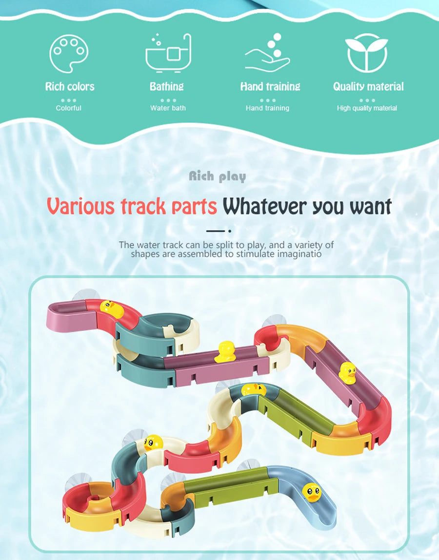 A set of colorful, interlocking plastic duck slide track parts for toddlers to play with in the water.