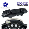 A black motorcycle windshield storage bag with three pouches and a dashboard mount for Harley touring.