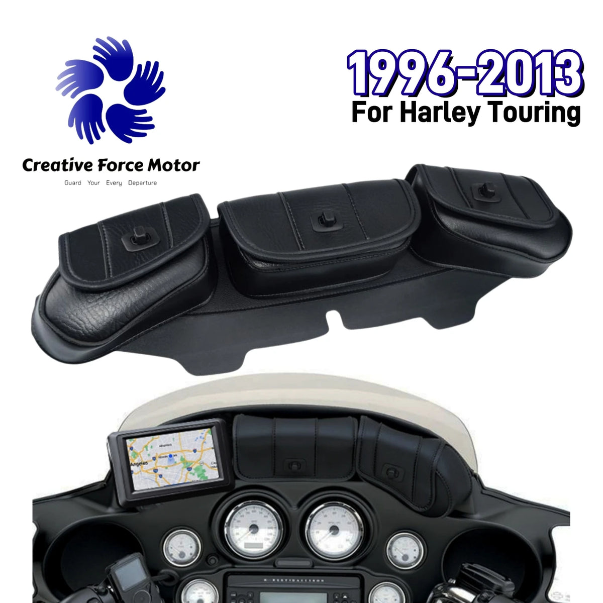 A black motorcycle windshield storage bag with three pouches and a dashboard mount for Harley touring.