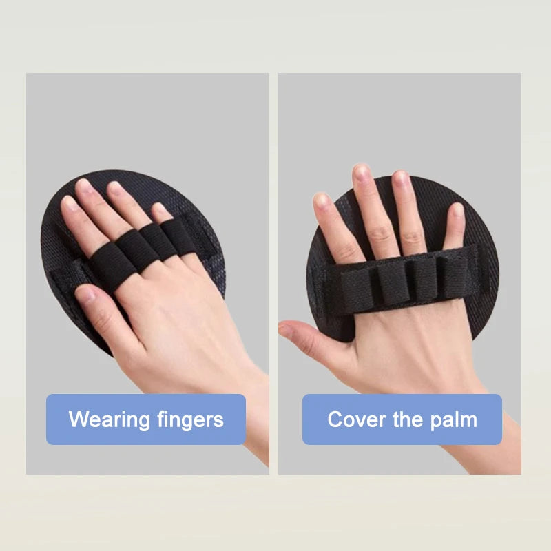 Demonstration of exfoliating body scrub gloves showing how to wear fingers and cover the palm