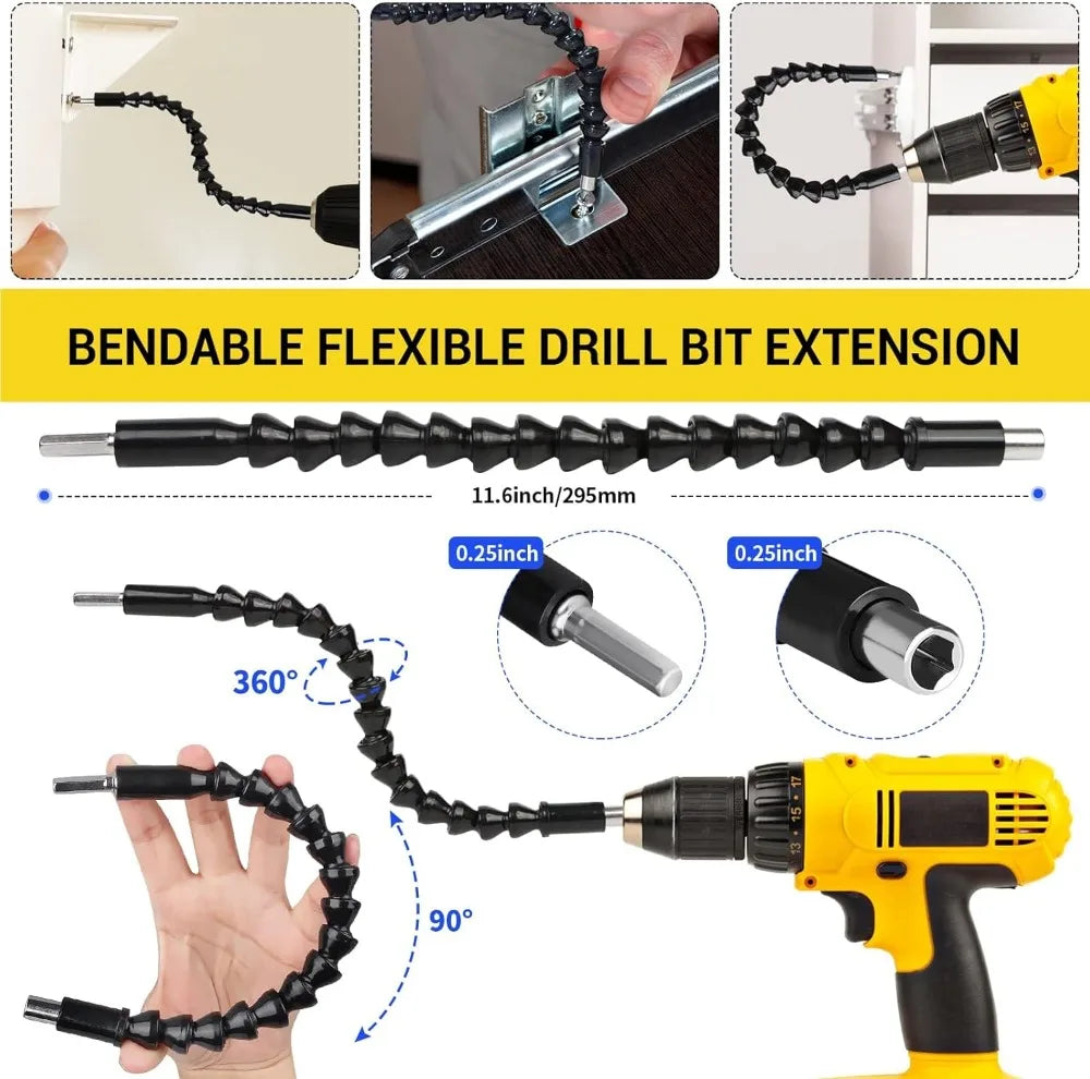 Flexible Right Angle Drill Bit Extension Set with Universal Socket Adapter