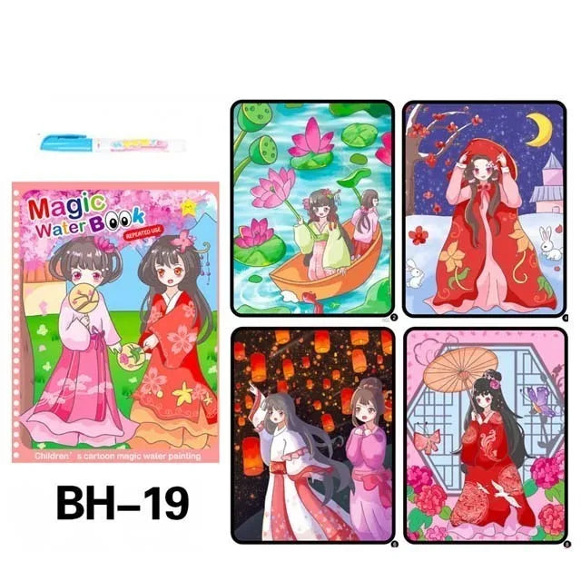 A set of nine magic watercolor painting sheets featuring characters and scenes for a reusable water drawing book.