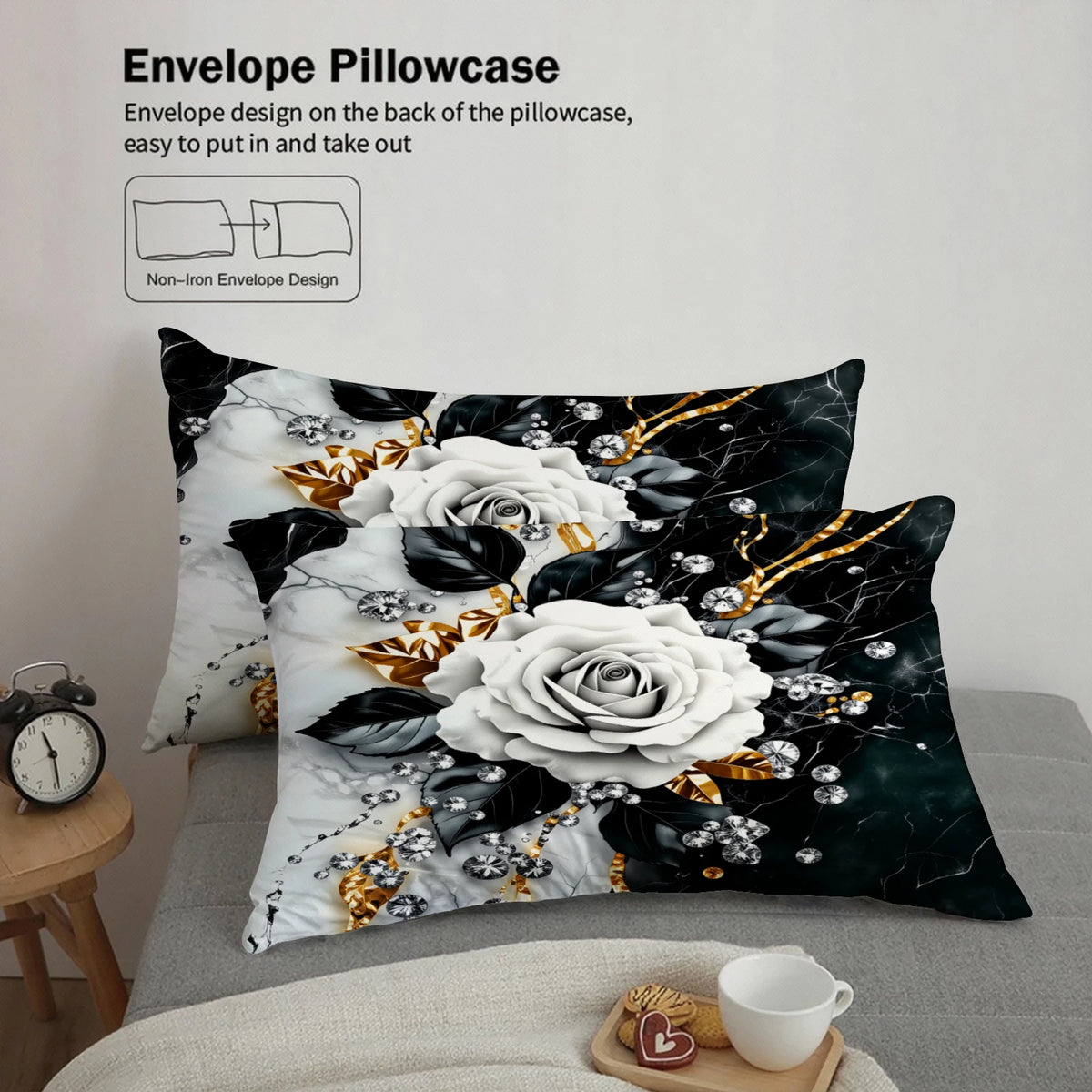 3D Floral Duvet Cover Set – Black & White Rose Design with Pillowcases