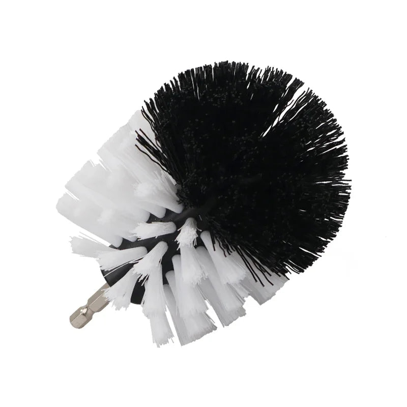 A drill brush cleaning set featuring black and white bristles for cleaning tiles, bathroom surfaces, or cars.