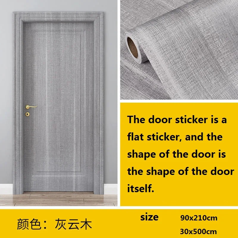 A vertical grey wood grain self-adhesive sticker for a door, showing the flat shape of the door.
