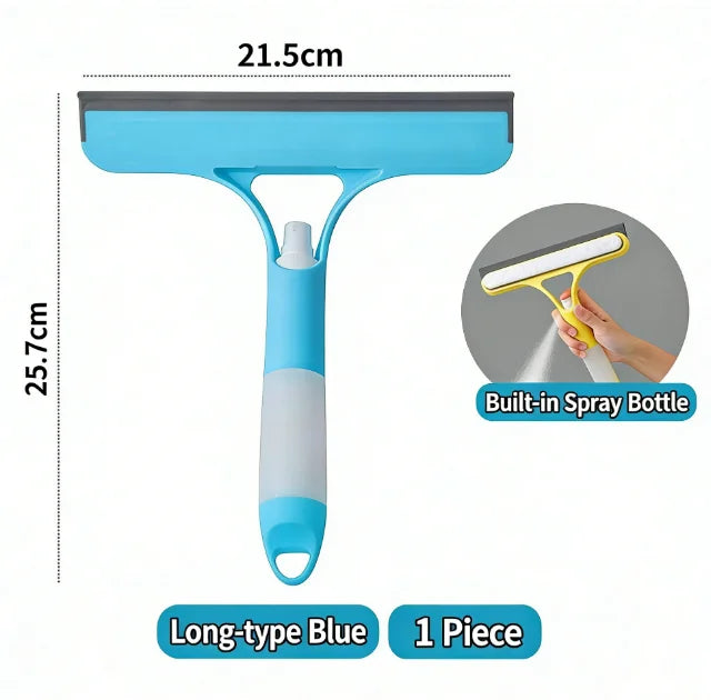 A blue window cleaning squeegee with a handle, built-in spray bottle, and microfiber cloth.