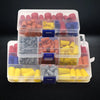 A clear plastic container holds various color-coded twist-on wire connectors in assorted sizes.
