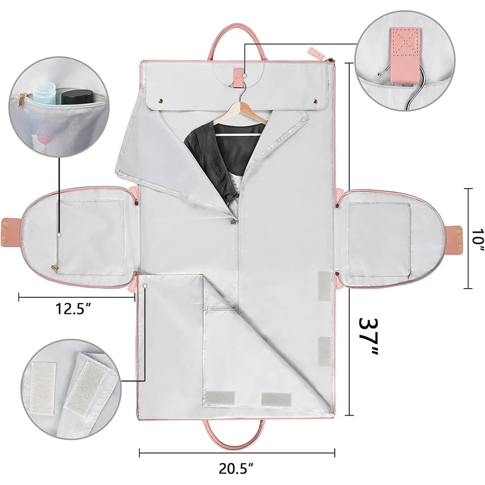 A white foldable travel garment duffel bag with shoe pouches shown in various views.