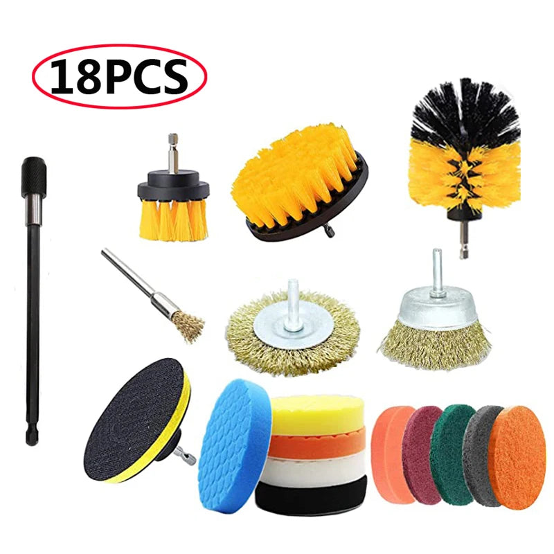 A set of 18 cleaning brush attachments for power drills, including various yellow, black, and green bristles and foam tools.