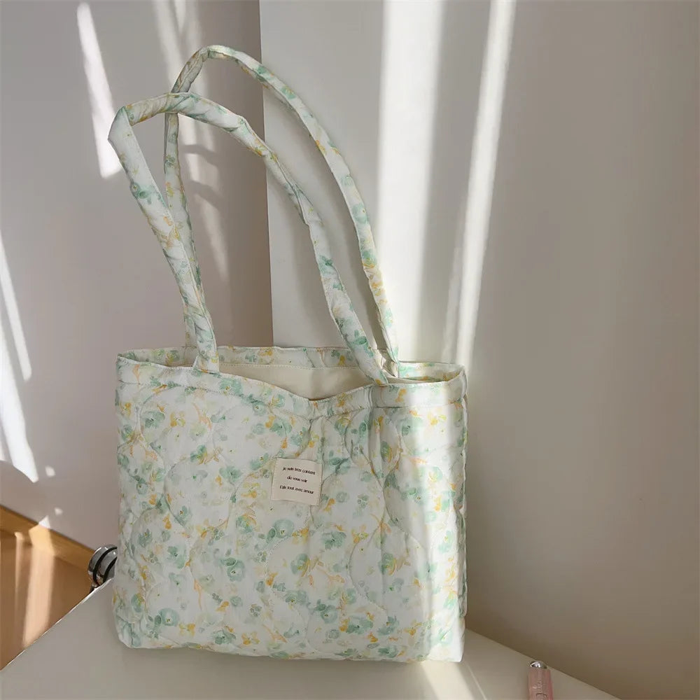 Quilted Floral Cotton Tote Bag with Padded Handle