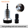 A set of tools for hub grinding and rust removal, including a metal tool and a black abrasive pad.
